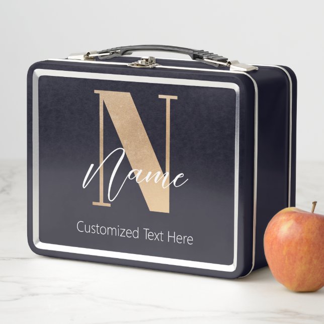 Modern Monogrammed Initial N & Name Personalized Metal Lunch Box (In Situ)