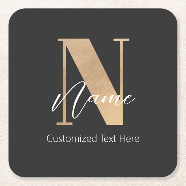 Modern Monogrammed Initial N & Name Personalized Square Paper Coaster (Front)