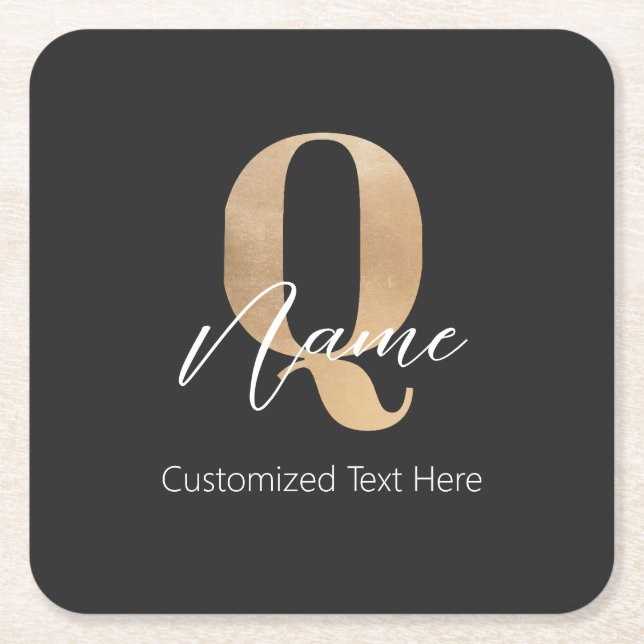 Modern Monogrammed Initial Q & Name Personalized Square Paper Coaster (Front)