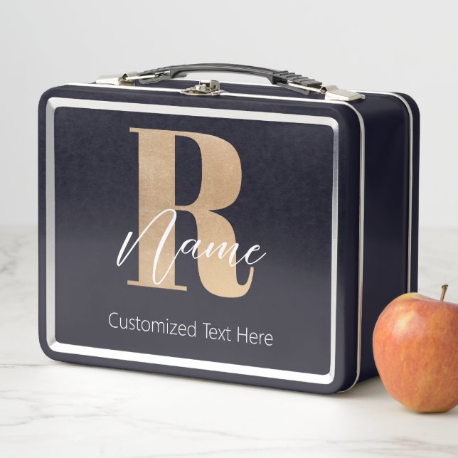 Modern Monogrammed Initial R & Name Personalized Metal Lunch Box (In Situ)