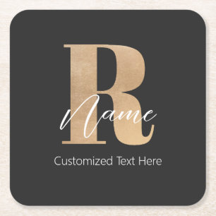 Modern Monogrammed Initial R & Name Personalized Square Paper Coaster