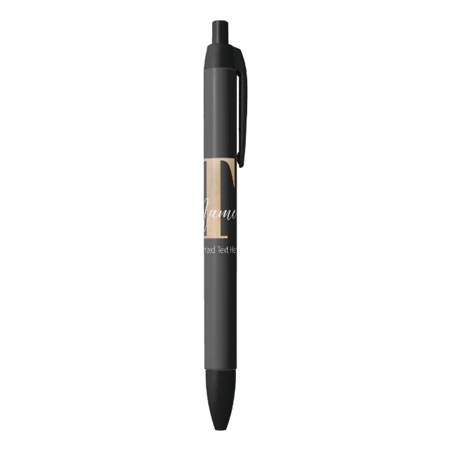 Modern Monogrammed Initial T & Name Personalized Black Ink Pen (Bottom (Vertical))