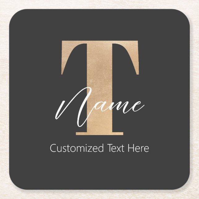 Modern Monogrammed Initial T & Name Personalized Square Paper Coaster (Front)
