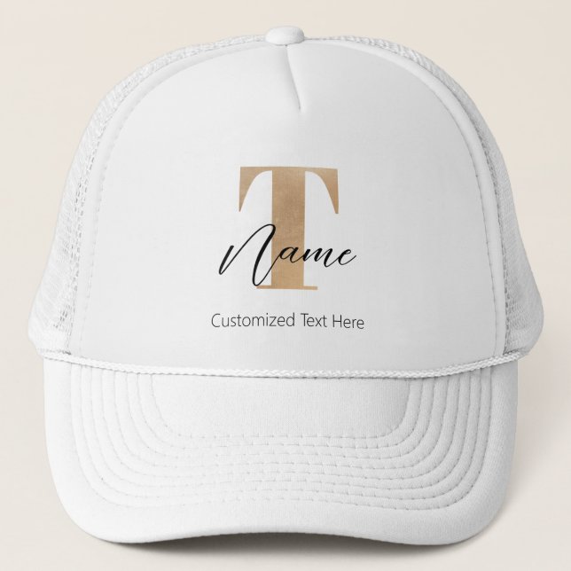 Modern Monogrammed Initial T & Name Personalized Trucker Hat (Front)