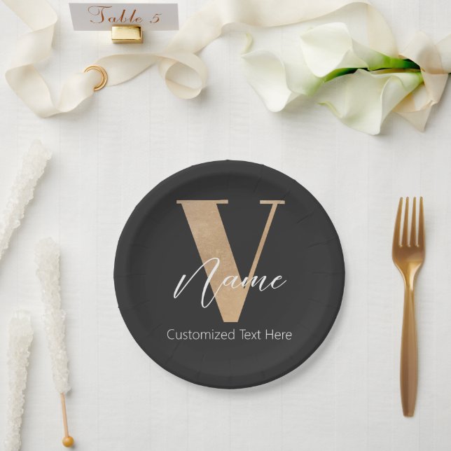 Modern Monogrammed Initial V & Name Personalized Paper Plate (Wedding)