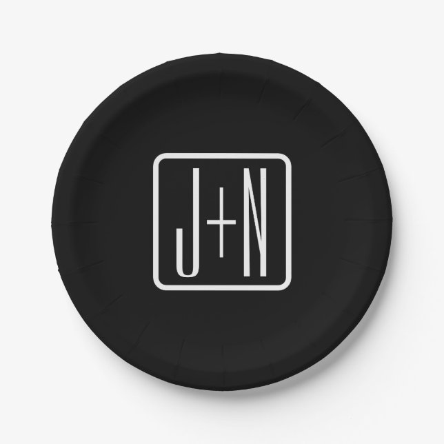 Modern Monogrammed Initials | Black & White Paper Plate (Front)