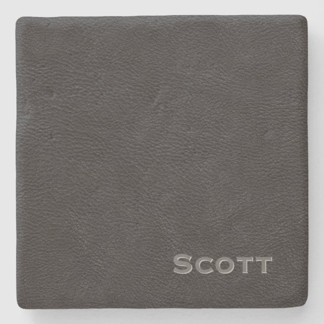 Modern Monogrammed Masculine Black Leather Look Stone Coaster (Front)