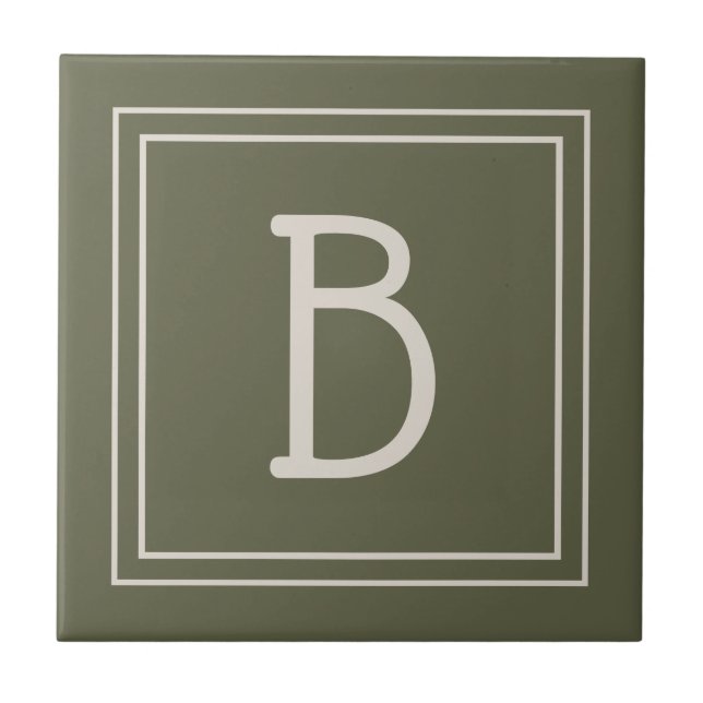 Modern Monogrammed Moss Green & Off White Initial Tile (Front)