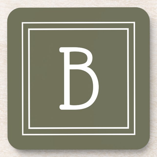 Modern Monogrammed Moss Green & White Initial Coaster (Front)