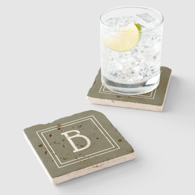 Modern Monogrammed Moss Green & White Initial Stone Coaster (Side)