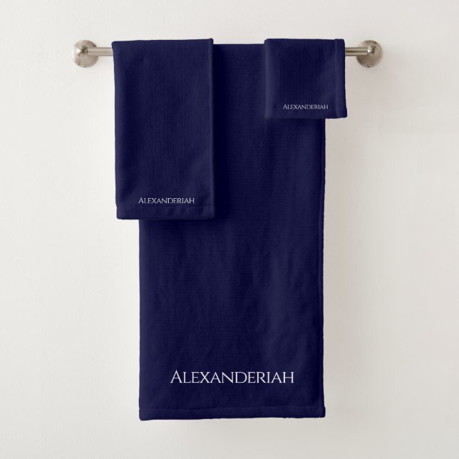 Modern Monogrammed Name Navy Blue and White Bath Towel Set (Insitu)