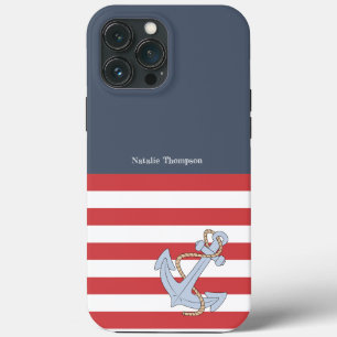 Modern monogrammed Navy and Anchor stripes iPhone 13 Pro Max Case
