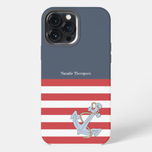 Modern monogrammed Navy and Anchor stripes iPhone 13 Pro Max Case