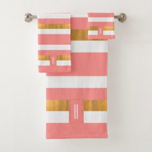 Modern Monogrammed Peach Striped  Bath Towel Set