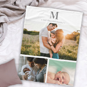 Modern monogrammed photo collage Gray & white Fleece Blanket