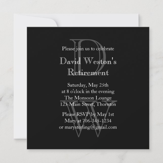 Modern Monogrammed Retirement Invitation (black) (Front)