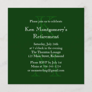 Modern Monogrammed Retirement Invitation (green)