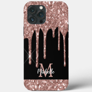 Modern Monogrammed Rose Gold Glitter Drips iPhone 13 Pro Max Case
