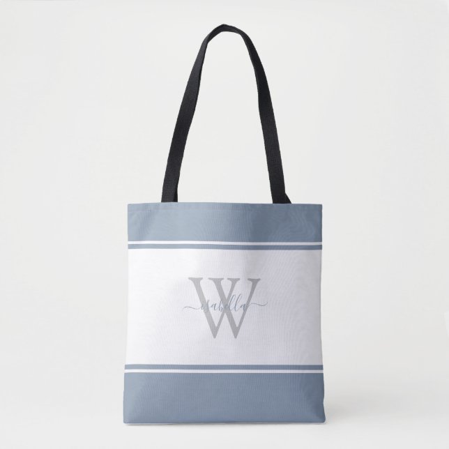 Modern Monogrammed Script Dusty Blue Tote Bag (Front)