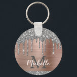 Modern Monogrammed Silver Glitter Drips Pink Metal Keychain<br><div class="desc">Modern, girly silver grey glitter drips name and monogrammed keychain.This design features silver grey (grey) glitter sparkle drips on pink rose gold brushed metal background with custom personalized monogram initial and first name text template. Perfect feminine gift. Please note, this design is printed photo effect. If you need help or...</div>