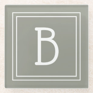 Modern Monogrammed Soft Evergreen & White Initial Glass Coaster