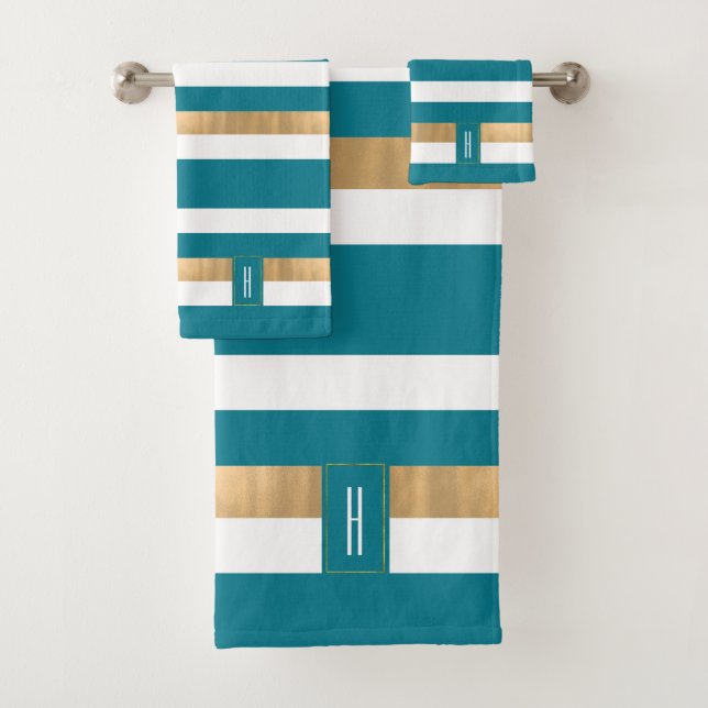 Modern Monogrammed Teal Striped  Bath Towel Set (Insitu)