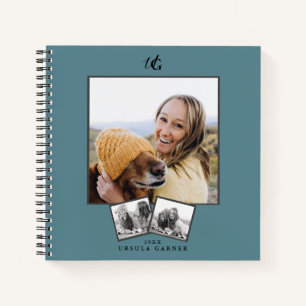 Modern Monogrammed Turquoise Blue 3-Photo Notebook