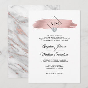 Modern Monograms Rose Gold Marble Heart Wedding Invitation