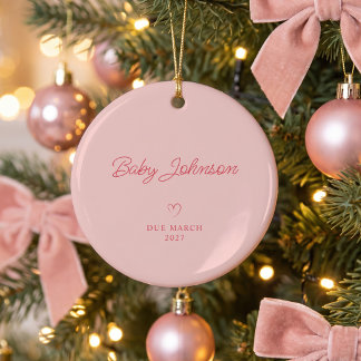 Modern Monoline Script Expecting Couple Photo Pink Ceramic Ornament