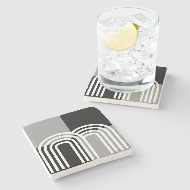 Modern Monotone Black White Initial Pattern Stone Coaster (Side)