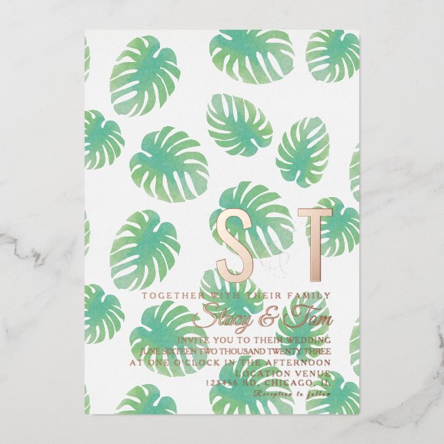 Modern  Monstera Leaf Botanical Wedding Pressed (Front)