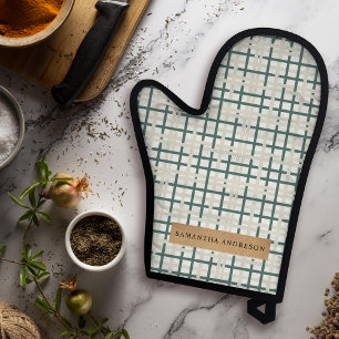 Modern Montauk Grid Green & Beige Oven Mitt & Pot Holder Set