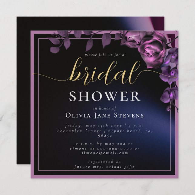 Modern Moody Black Dark Purple Frame Bridal Shower Invitation (Front/Back)