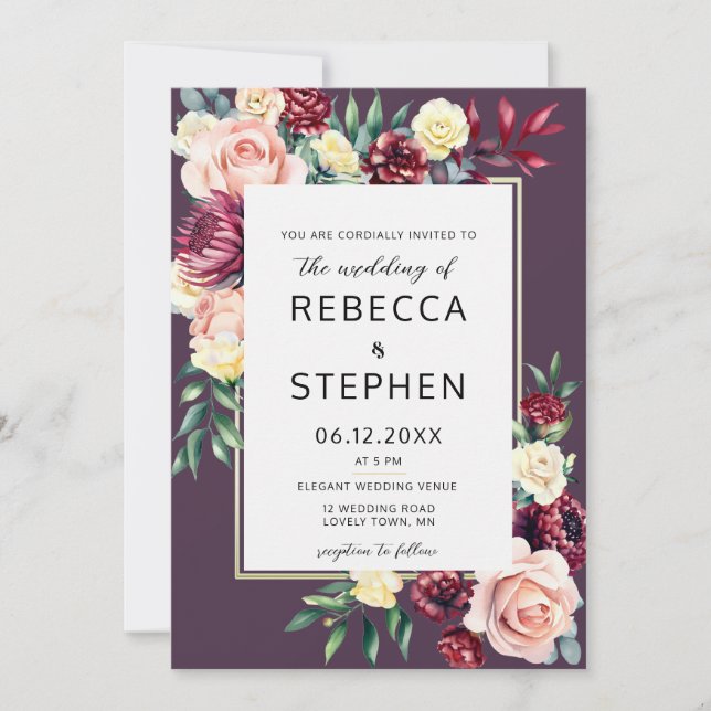 Modern Moody Burgundy Roses Floral Violet Wedding Invitation (Front)