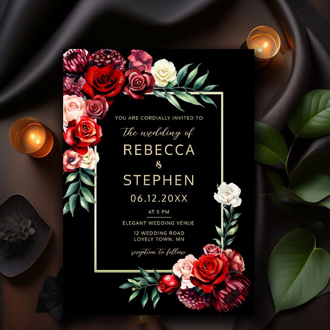 Modern Moody Dark Red Roses Black Wedding Invitation (Creator Uploaded)
