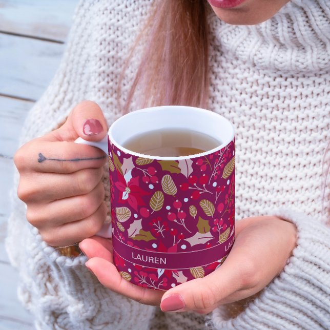 Modern Moody Festive Pink Poinsettia Folk Pattern Two-Tone Coffee Mug (Creator Uploaded)