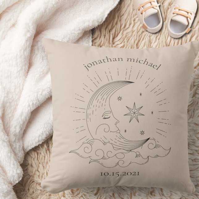Modern Moon and Stars Birth Announcement Monogram  Throw Pillow (Creator Uploaded)