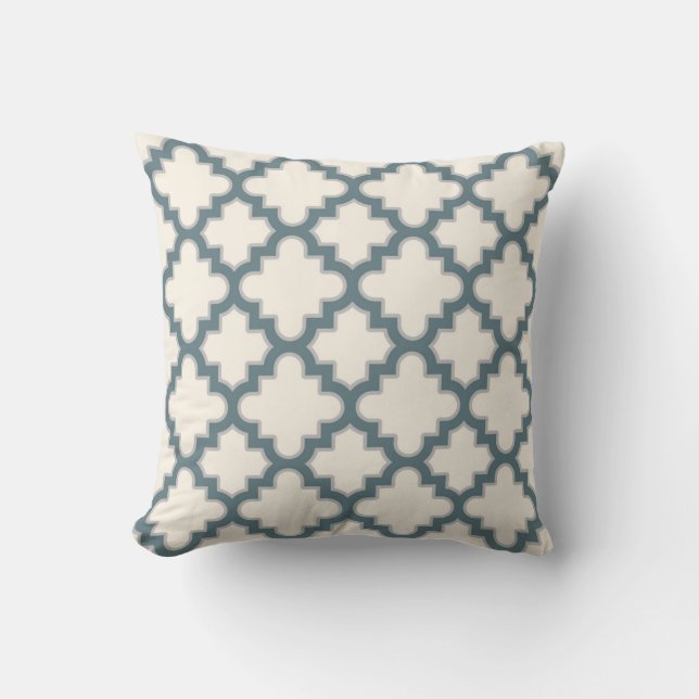 Modern Moroccan Quatrefoil in Blue Grey Cream Throw Pillow (Front)