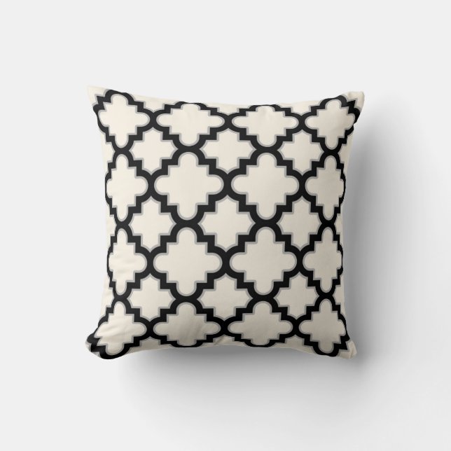 Modern Moroccan Quatrefoil in Cream Black Grey Throw Pillow (Front)