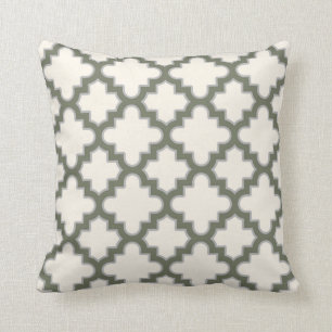 Modern Moroccan Quatrefoil in Cream Olive Grey Throw Pillow