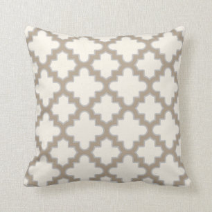 Modern Moroccan Quatrefoil in Cream Tan Grey Throw Pillow