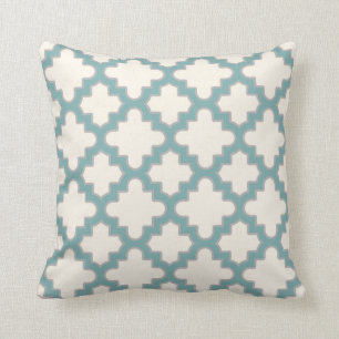 Modern Moroccan Quatrefoil in Cream Teal Grey Throw Pillow