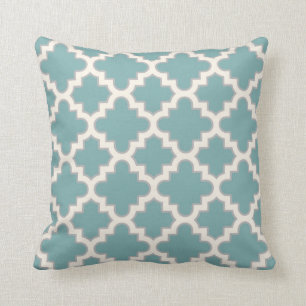 Modern Moroccan Quatrefoil in Teal Cream Grey Throw Pillow