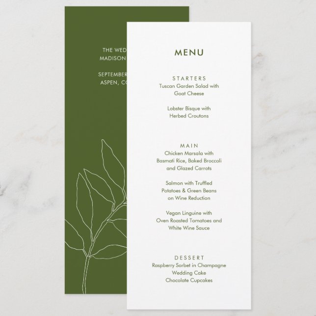 Modern Moss Green Botanical Floral Wedding  Menu (Front/Back)