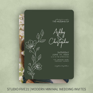 Modern Moss Green Foliage Outline Photo Wedding Invitation