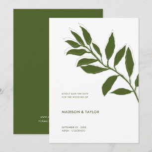 Modern Moss Green Two Tone Botanical Illustration Save The Date