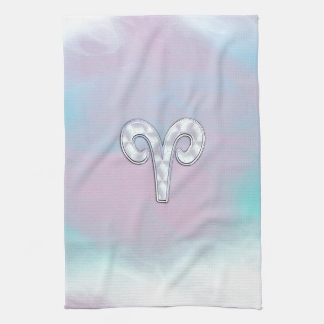 Modern Mother of Pearl Style Aries Zodiac Symbol Kitchen Towel (Vertical)