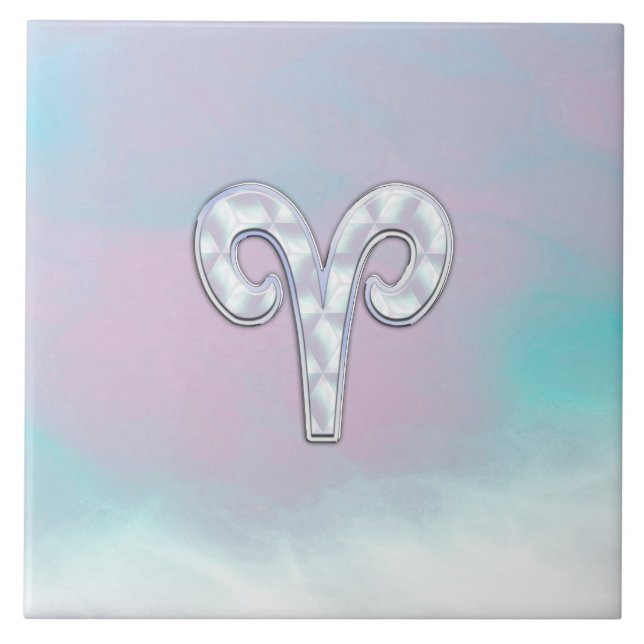 Modern Mother of Pearl Style Aries Zodiac Symbol Tile (Front)