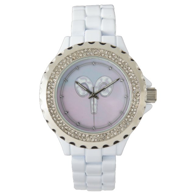 Modern Mother of Pearl Style Aries Zodiac Symbol Watch (Front)