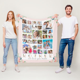 Modern MOTHER Photo Collage Blush Pink Floral Fleece Blanket